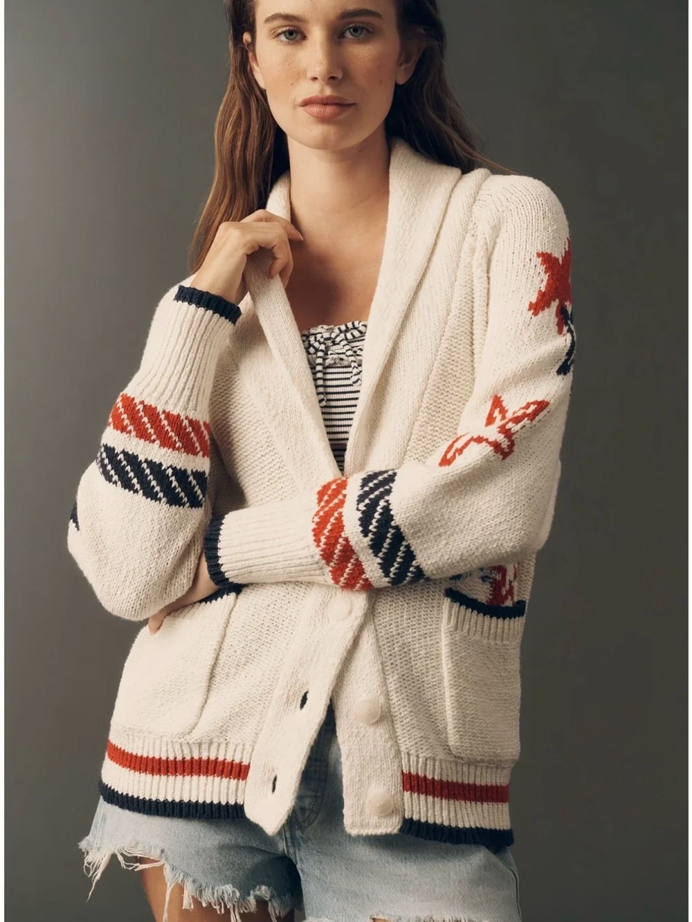 NWT Anthropologie Cream Nautical Sailboat Red & Blue Stars Cozy Cardigan SZ XS - Picture 2 of 16